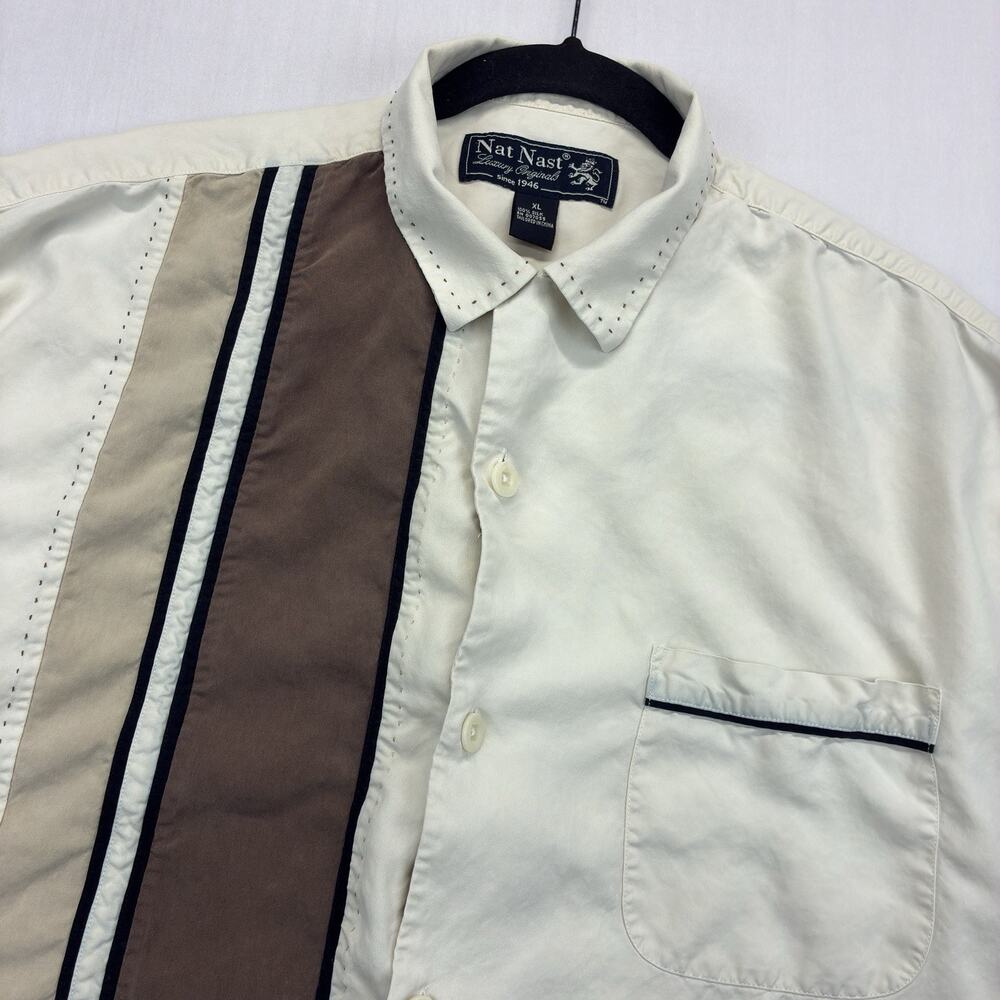 Nat Nast Silk Camp Shirt Mens XL Ivory Striped Button Up Short Sleeve Casual